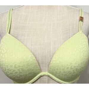 New Victoria's Secret PINK SUPER PUSH-UP BRA Green Lace Rhinestone Shine 34DD